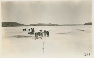 Image of Dogs in front of sledge on sea ice, leaving station
